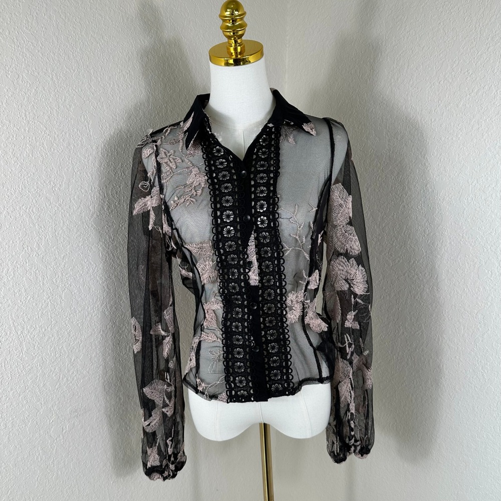 Peach Embroidered Mesh Blouse Womens Small Black Pink Sheer Romantic Whimsigoth